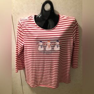 Rebecca Malone Christmas top with red strips and three snowmen Size XL